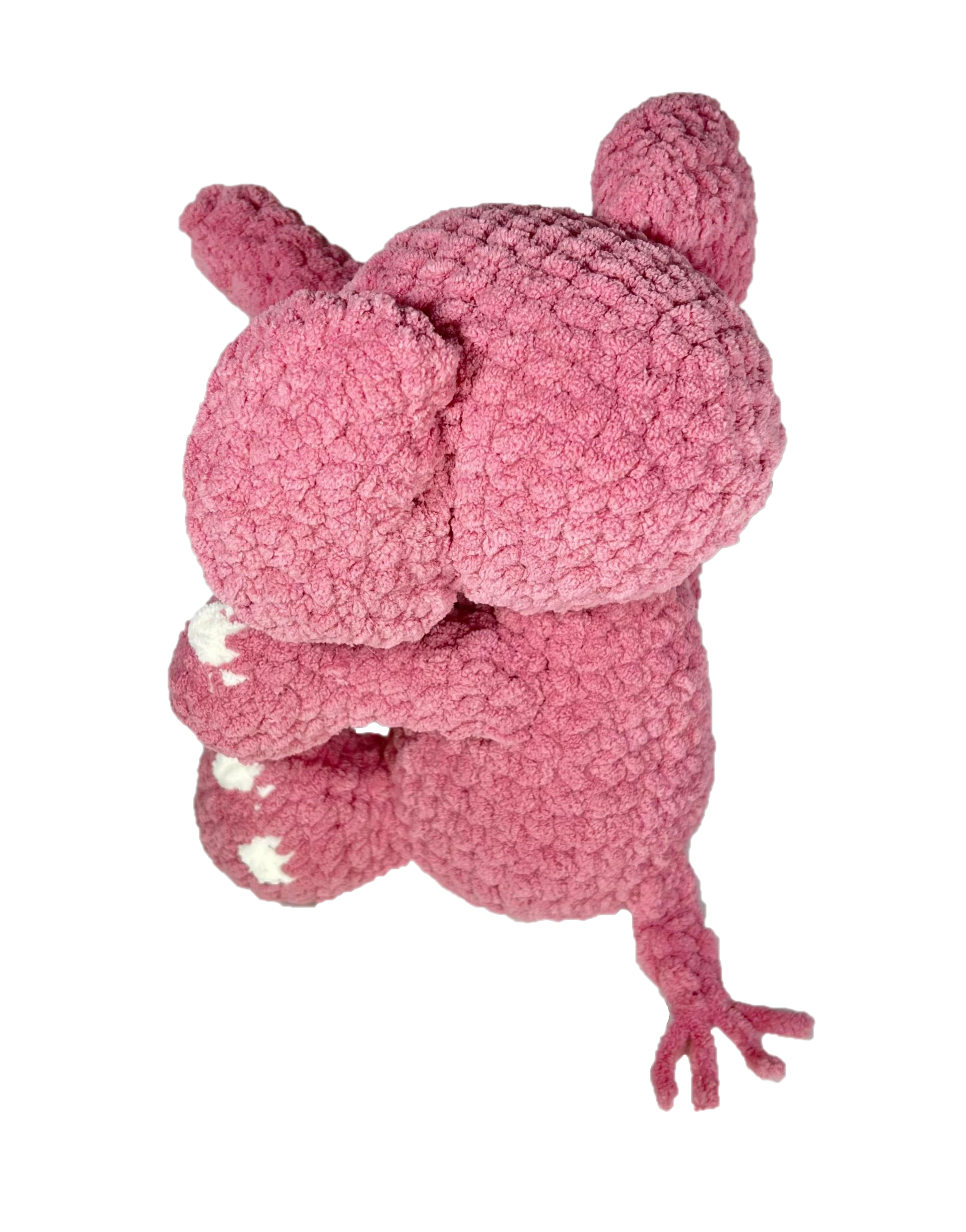 Pink crochet elephant from the backside.