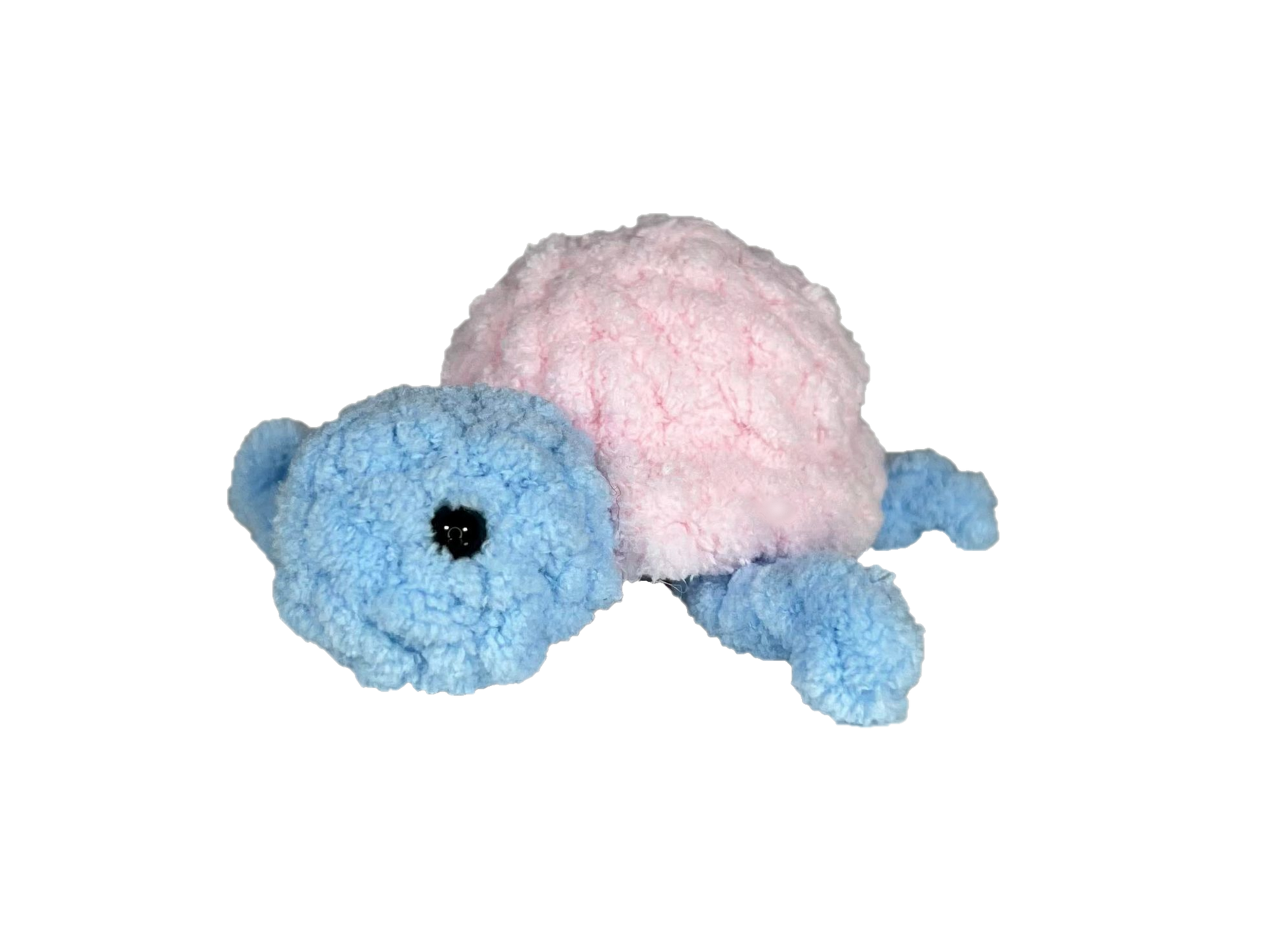 Blue crochet turtle with a pink shell.