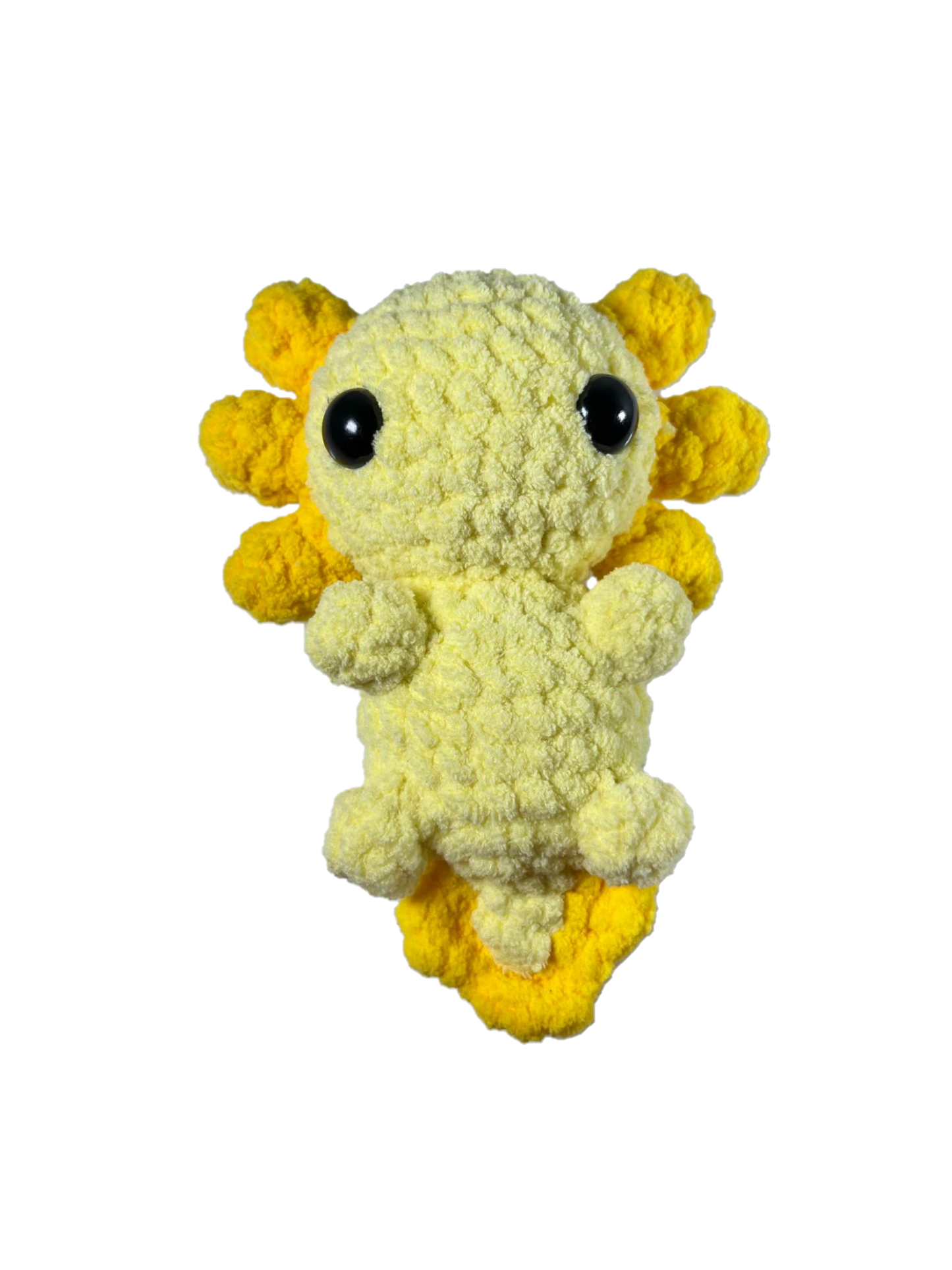 Yellow crochet axolotl with white background.