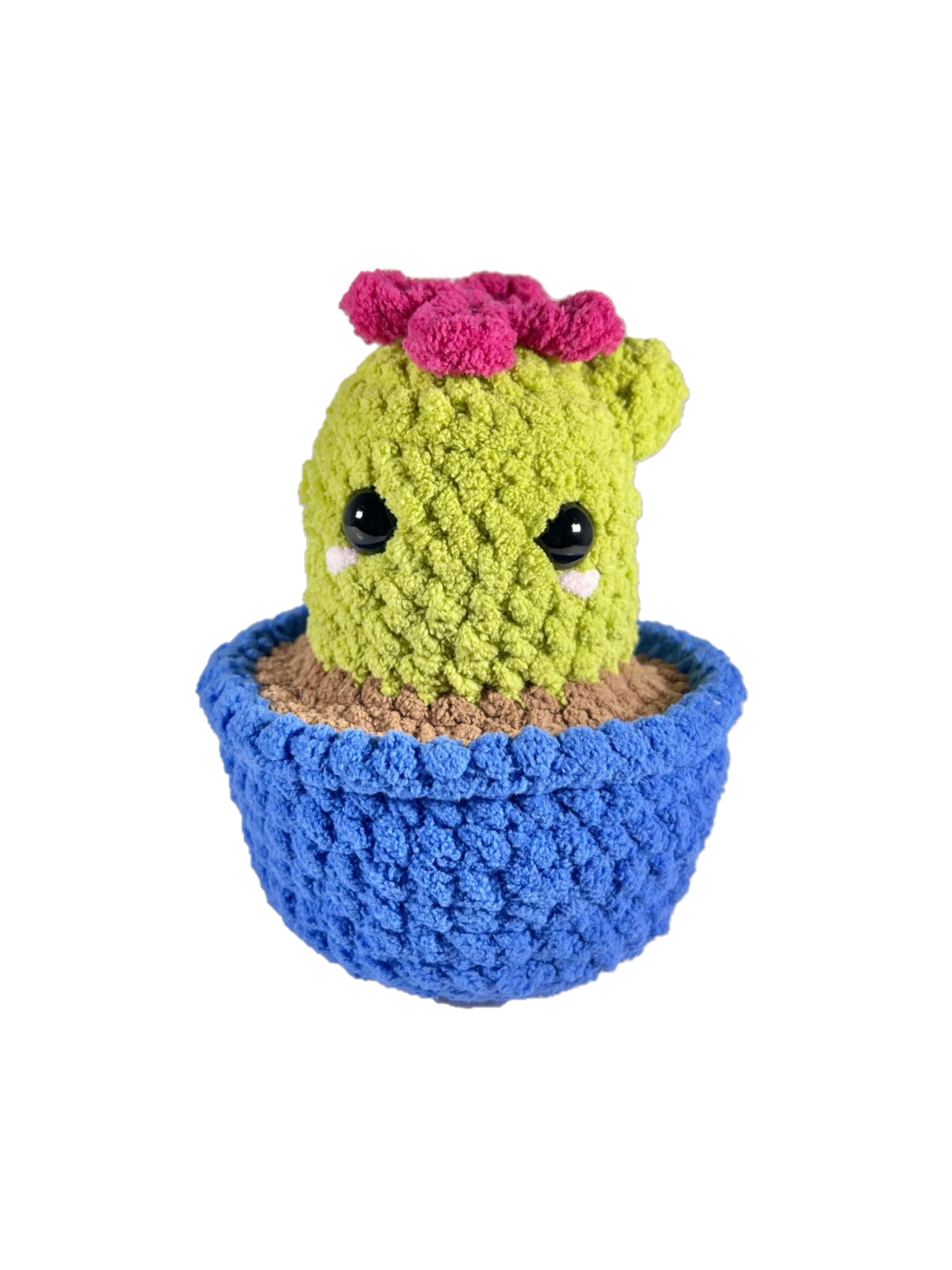 Crochet cactus plushie in a blue pot plushie with a pink crochet flower on top.