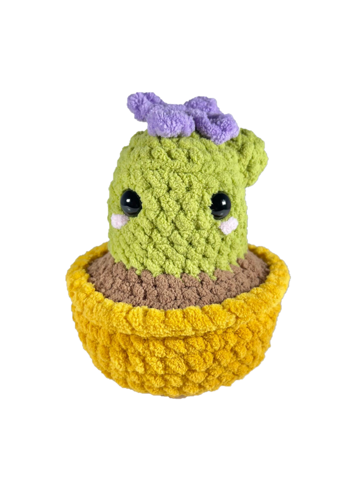 Crochet cactus plushie in a yellow pot plushie with a purple crochet flower on top.