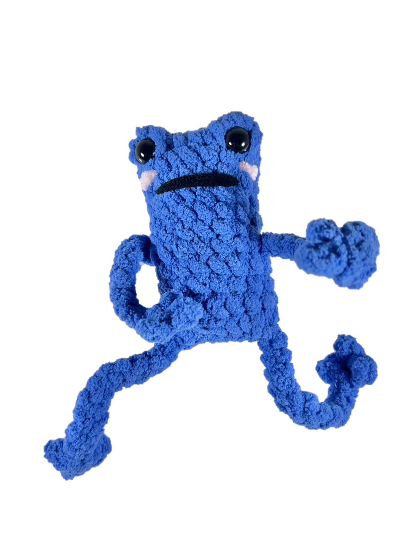 Blue crochet frog with long limbs in funny fighting pose.