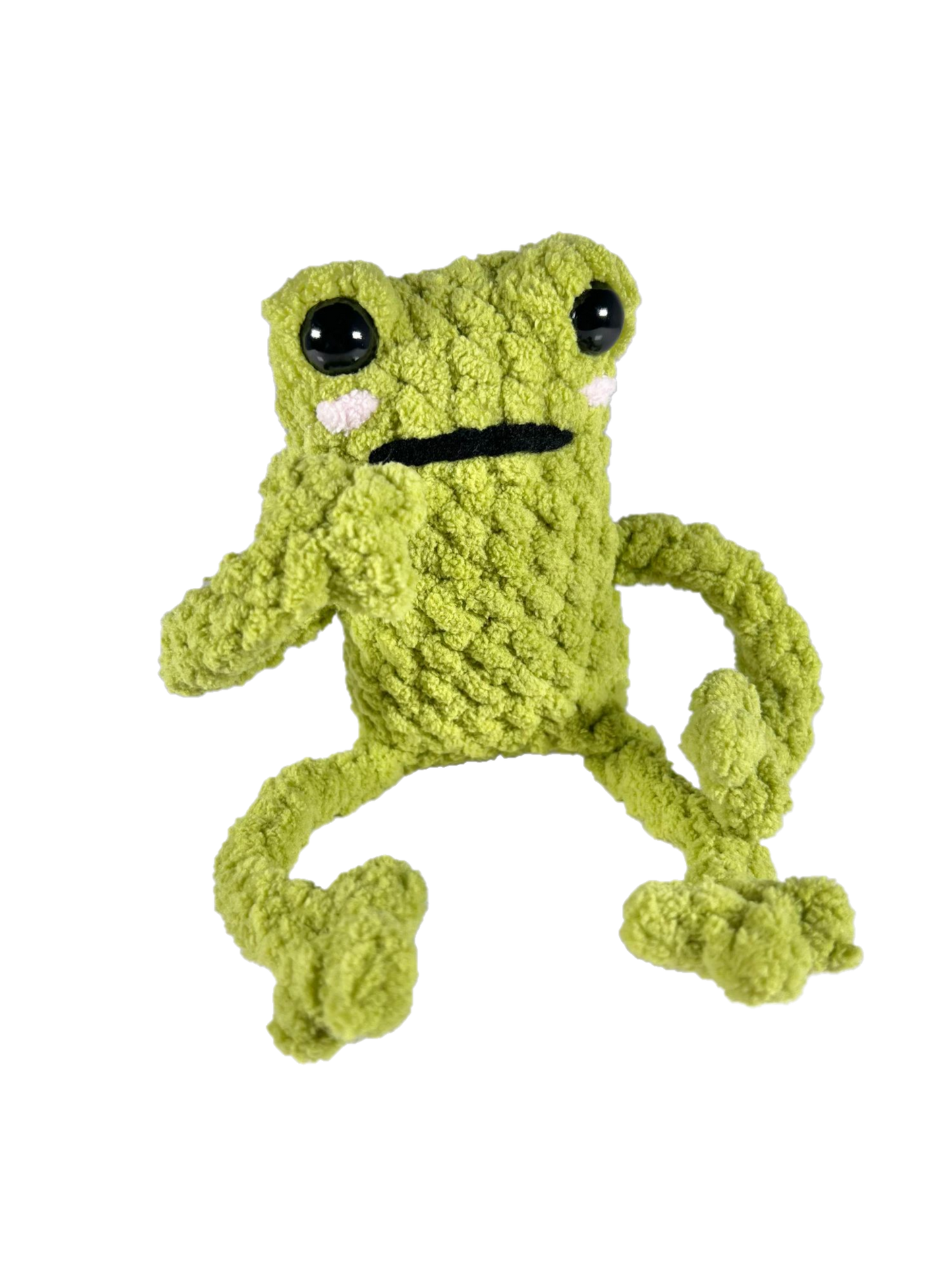 Light green crochet frog plushie in thinking pose.