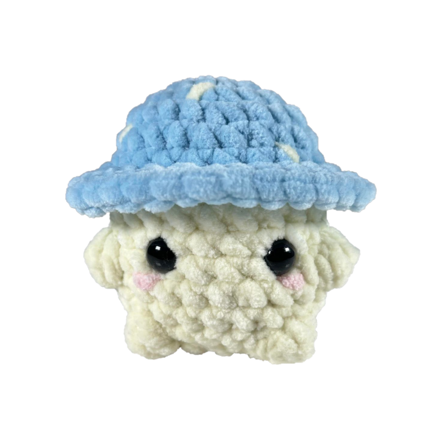 Blue crochet mushroom sitting looking forward.