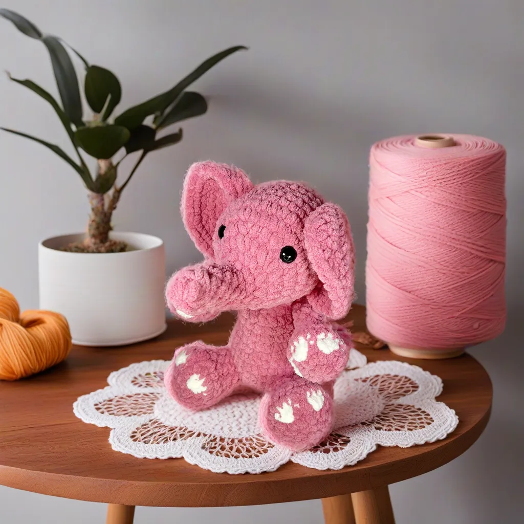 Pink crochet elephant sitting on top of table.