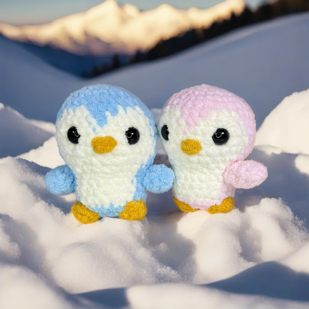 Blue and pink crochet penguins placed on snow scenario.