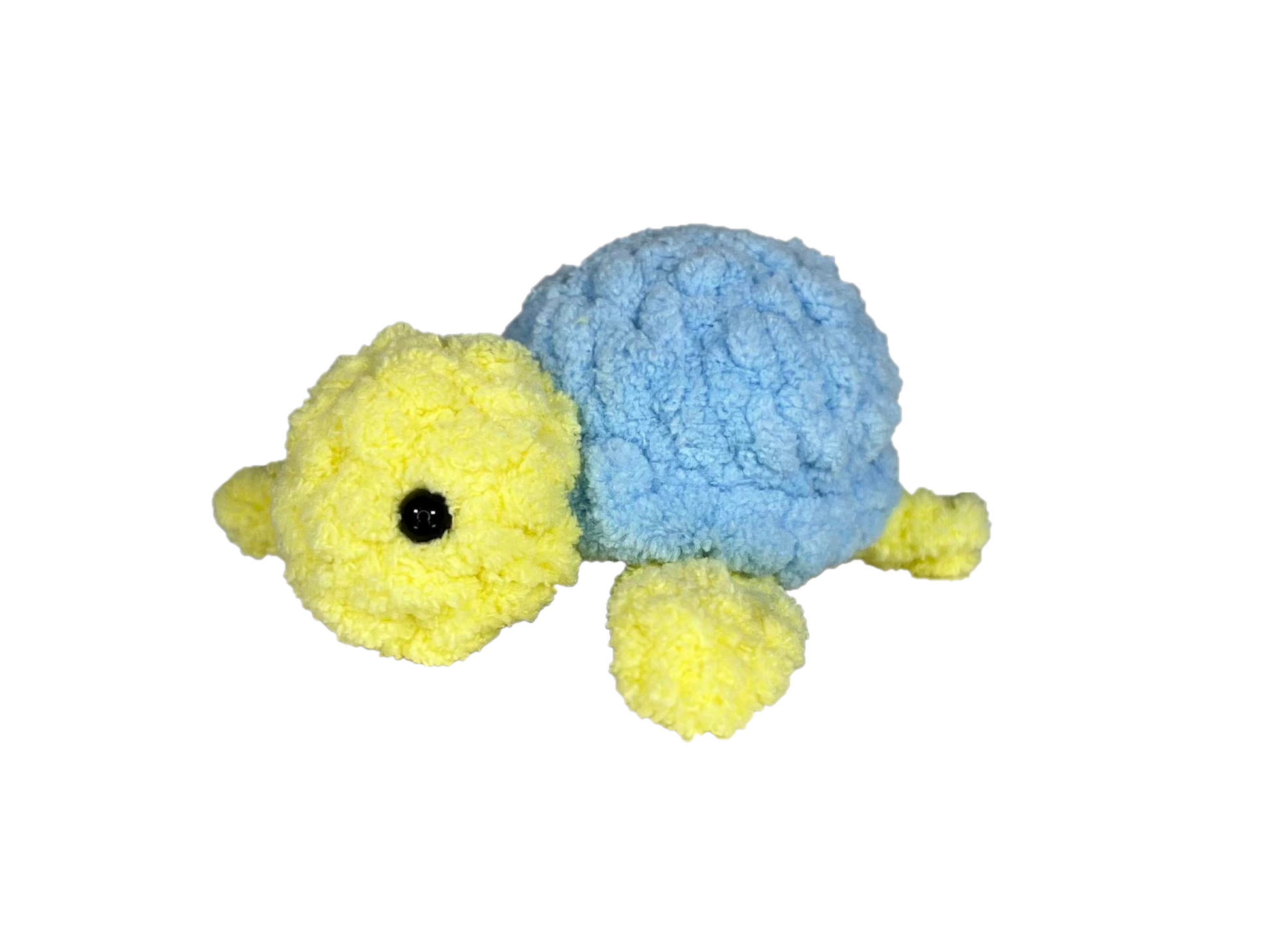 Yellow crochet turtle with a blue shell.