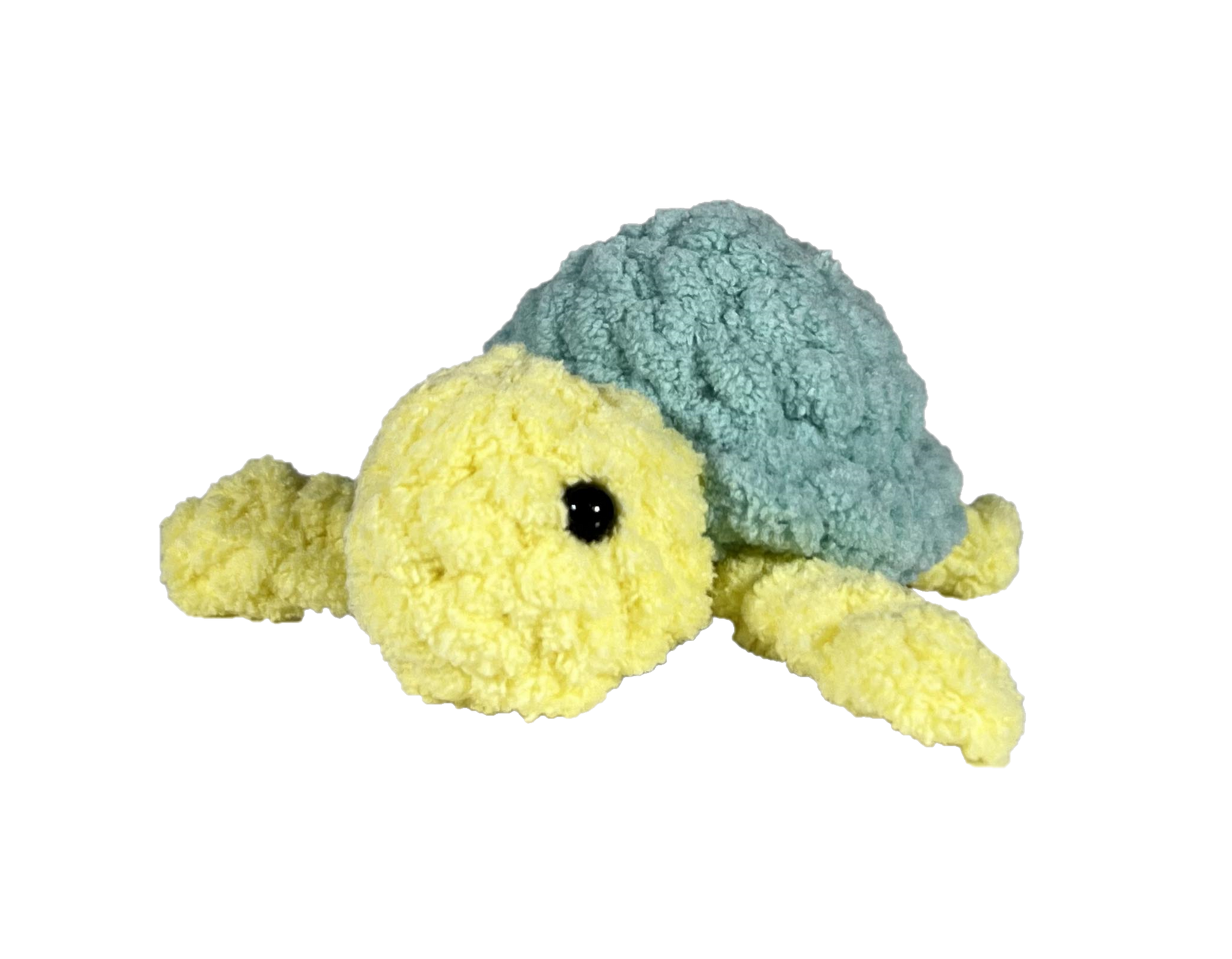 Yellow crochet turtle with a green shell.