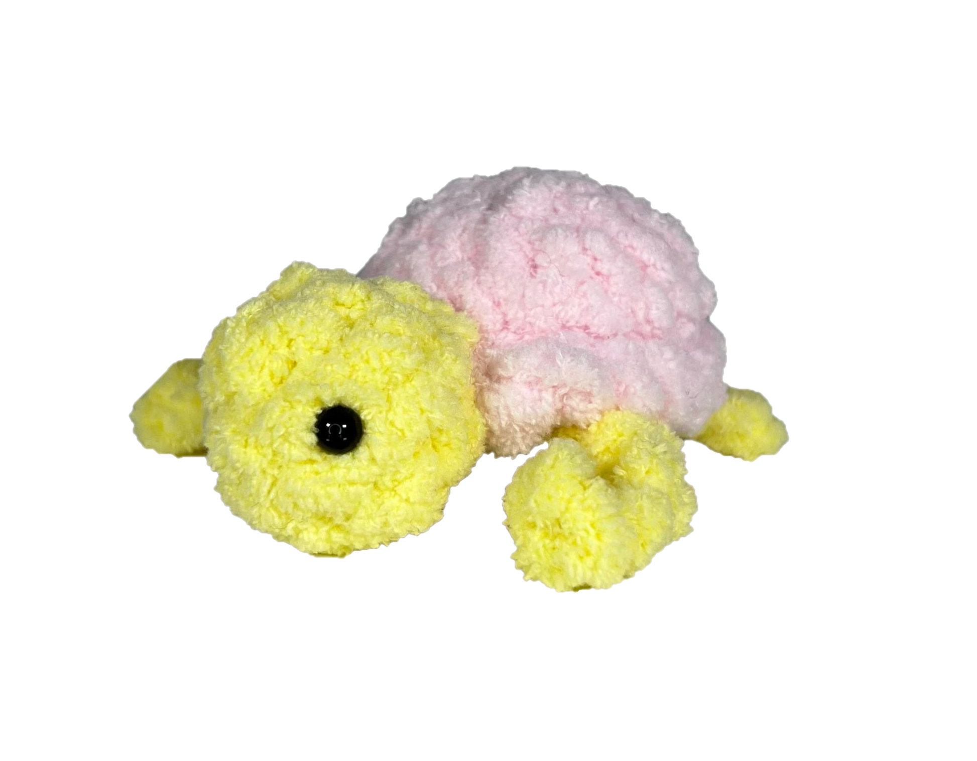 Yellow crochet turtle with a pink shell.